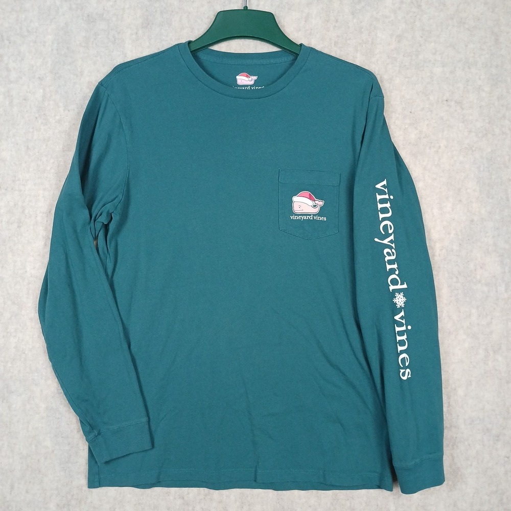 Vineyard Vines Shirt Men's Medium Green Santa Whale Pocket Tee Christmas Holiday